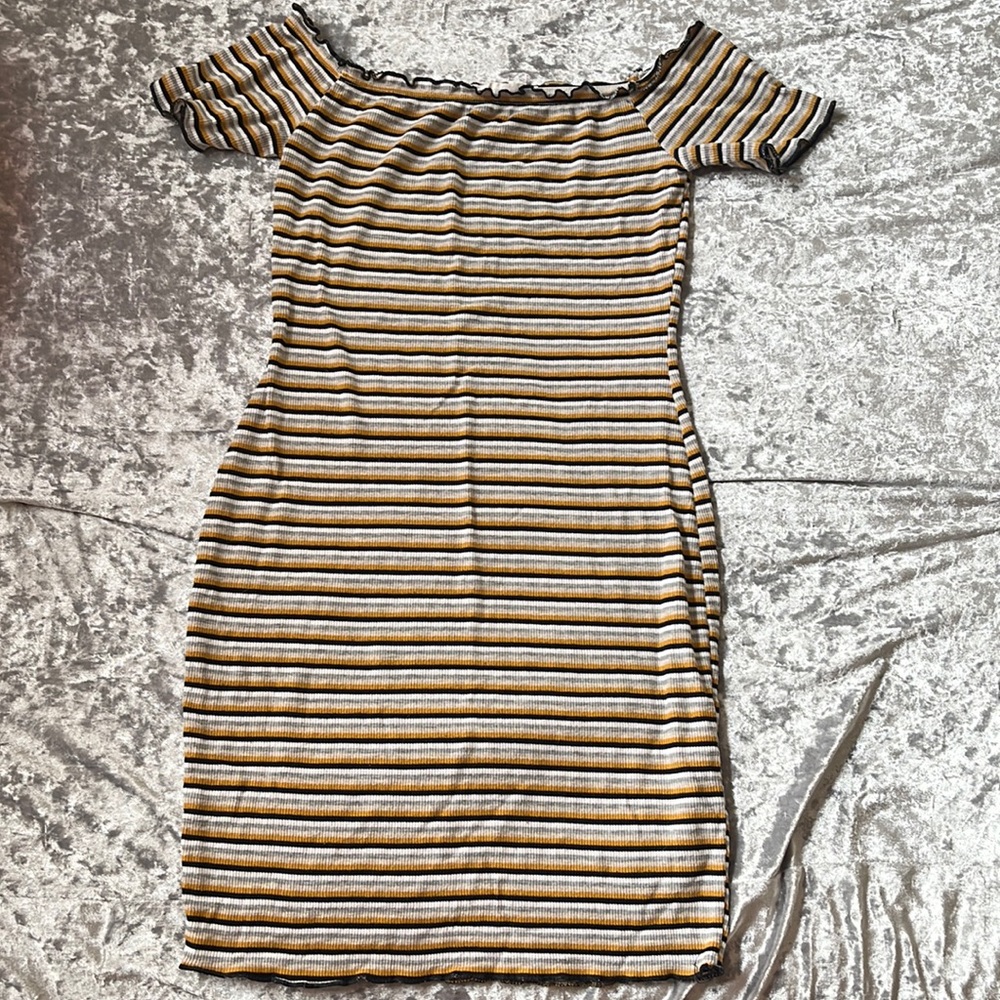 Mikey & Joey Off The Shoulder Yellow & Black Striped Mini Dress